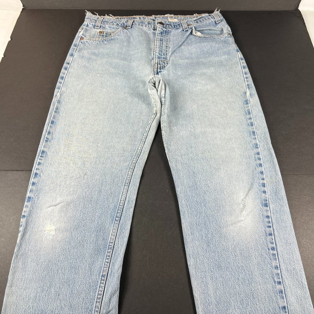 VTG 90s Levis Jean Men 34 x 32 505 Straight Light Blue Thrashed Denim Orange Tab